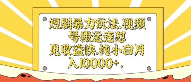 短剧暴力玩法，视频号搬运连怼，见收益快，纯小白月入1w-小何资源库
