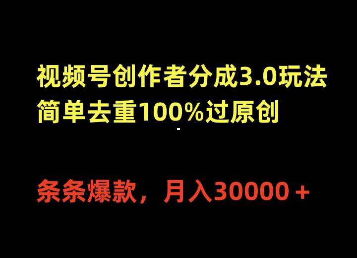 视频号创作者分成3.0玩法，简单去重100%过原创，条条爆款，月入30000＋-小何资源库