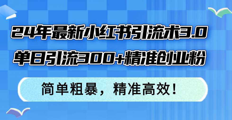 24年最新小红书引流术3.0，单日引流300+精准创业粉，简单粗暴，精准高效！-小何资源库