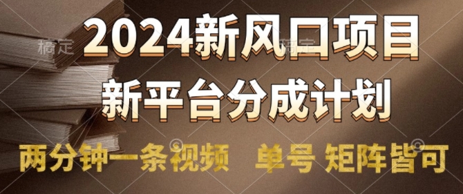 2024风口项目，新平台分成计划，两分钟一条视频，单号 矩阵皆可操作轻松上手月入9000+-小何资源库