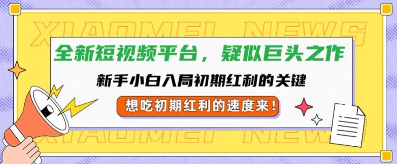 全新短视频平台，新手小白入局初期红利的关键，想吃初期红利的速度来-小何资源库