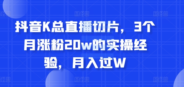 抖音K总直播切片，3个月涨粉20w的实操经验，月入过W-小何资源库