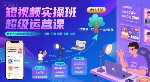 短视频实操班超级运营课，新手小白到短视频大神必修课程，剪辑-拍摄-运营-直播-变现-小何资源库
