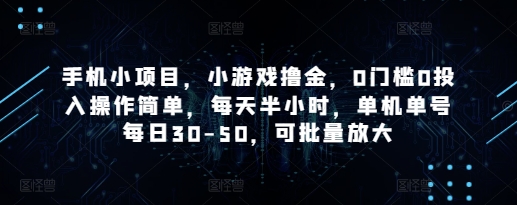 手机小项目，小游戏撸金，0门槛0投入操作简单，每天半小时，单机单号每日30-50，可批量放大-小何资源库
