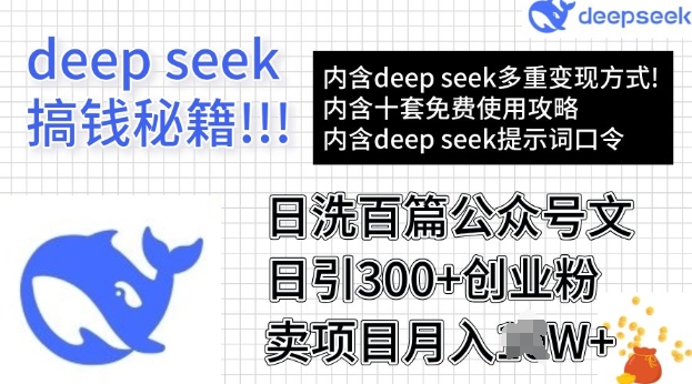 用DeepSeek日洗百篇公众号文章，轻松日引300+创业粉，卖项目月入过W-小何资源库
