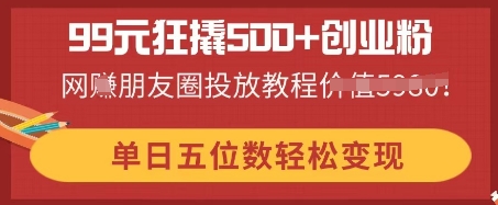 99元狂撬500+创业粉，单日五位数轻松变现，网创朋友圈投放教程-小何资源库