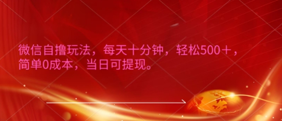 微信自撸玩法，每天十分钟，轻松几张，简单0成本，当日可提现-小何资源库