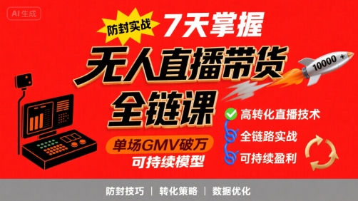 无人直播带货全链防封实战课，7天掌握高转化直播技术，实现单场GMV破万可持续模型-小何资源库