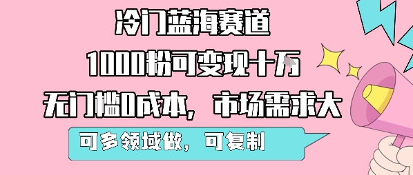 冷门蓝海赛道，1000粉可变现十W，无门槛0成本，市场需求大，可多领域做，可复制性强-小何资源库