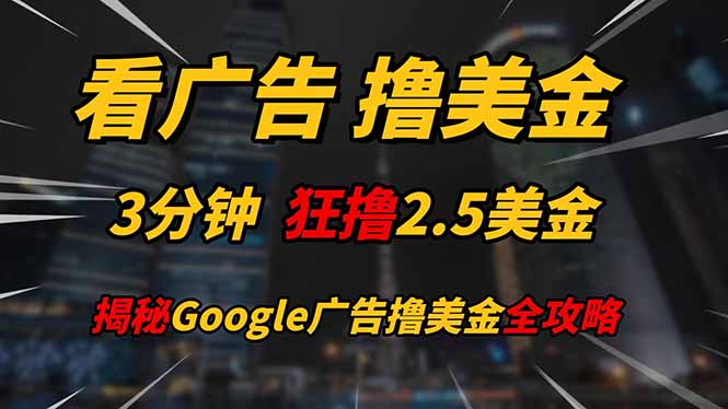 （14701期）看广告，撸美金！！3分钟赚2.5美金！！日入200美金不是梦！揭秘Google…-小何资源库