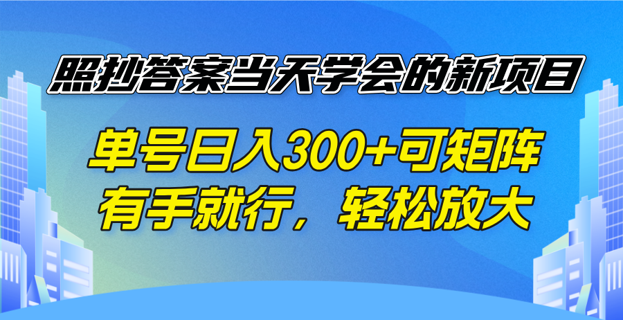 （14246期）照抄答案当天学会的新项目，单号日入300 +可矩阵，有手就行，轻松放大-小何资源库