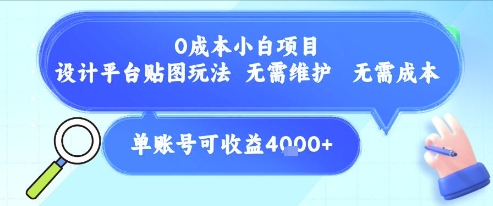 0成本小白项目，设计平台贴图玩法，无需维护，无需成本，单账号单月可产生收益4k+-小何资源库