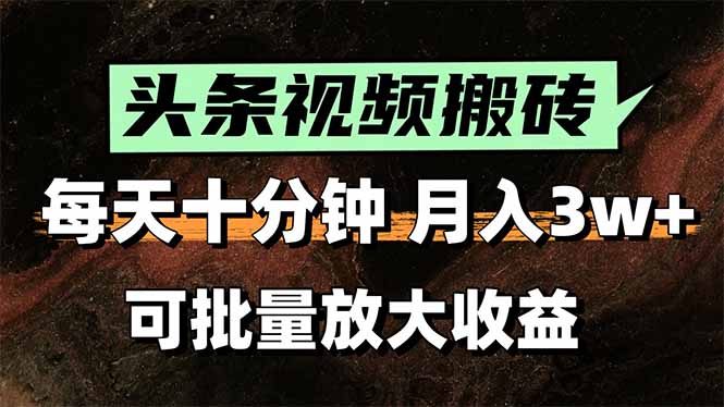 （15400期）头条视频搬砖，每天10分钟，小白轻松月入3万+，可批量放大收益-小何资源库