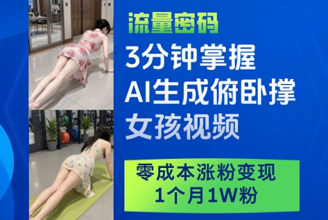 3分钟掌握AI生成俯卧撑女孩视频，零成本涨粉变现，1个月1W粉-小何资源库