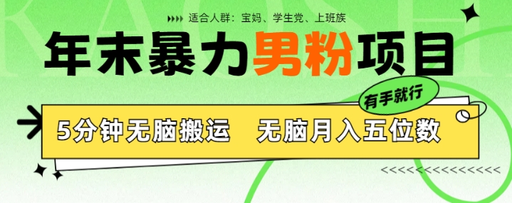 年末暴力男粉项目，5分钟无脑搬运，无脑月入五位数，举一反三，放大收益-小何资源库