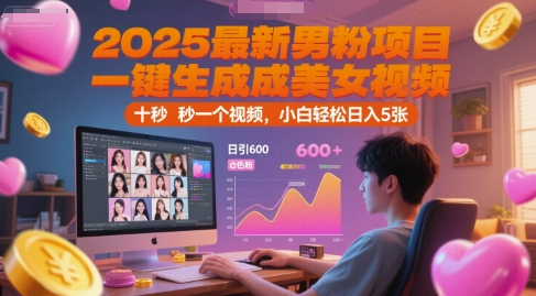 2025最新男粉项目，一键生成美女视频，日引600+色粉 十秒一个视频，小白轻松日入5张【揭秘】-小何资源库