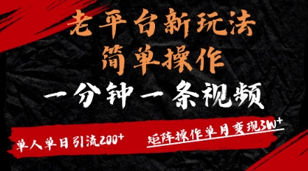 老平台，新玩法，简单操作，一分钟一条视频，单人单人引流200+矩阵操作，单月变现过w-小何资源库