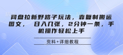 网盘拉新野路子玩法，靠复制搬运图文， 日入几张，2分钟一条，手机操作轻松上手-小何资源库