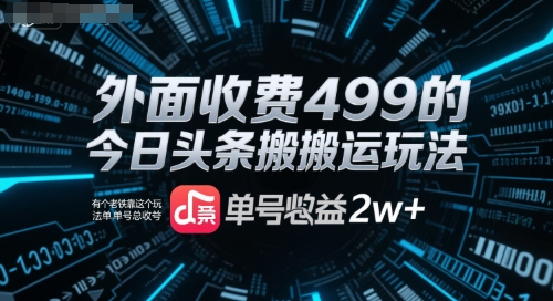 外面收费499的今日头条搬运玩法，有个老铁靠这个玩法单号总收益2w+-小何资源库