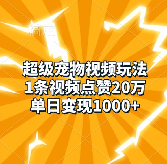 超级宠物视频玩法，1条视频点赞20万，单日变现1k-小何资源库