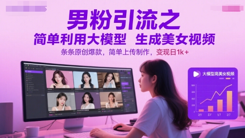 男粉引流之简单利用大模型生成美女视频，条条原创爆款，简单上传制作，变现日1k+-小何资源库
