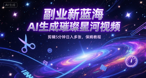 副业新蓝海，AI生成璀璨星河视频，剪辑5分钟日入多张，保姆教程-小何资源库