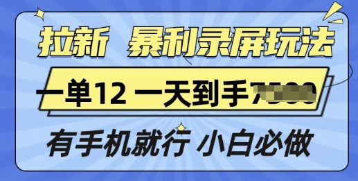 拉新暴利录屏玩法，一单12块，有手机就行，小白必做-小何资源库