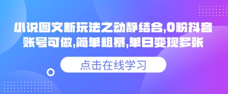 小说推文图文新玩法之动静结合，0粉抖音账号可做，简单粗暴，单日变现多张-小何资源库