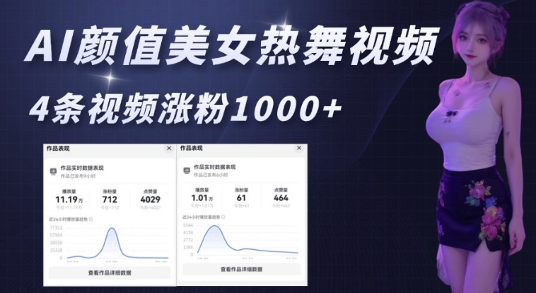 AI颜值美女热舞视频，4条视频涨粉1000+，实测6分钟一条-小何资源库