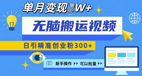 无脑搬运视频号可批量复制，新手即可操作，日引精准创业粉300+，月变现过W 【揭秘】-小何资源库
