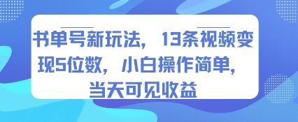 书单号新玩法，13条视频变现5位数，小白操作简单，当天可见收益-小何资源库