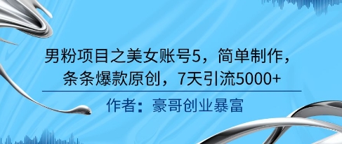 男粉项目之美女账号5，简单制作，条条爆款原创，7天引流5000+-小何资源库