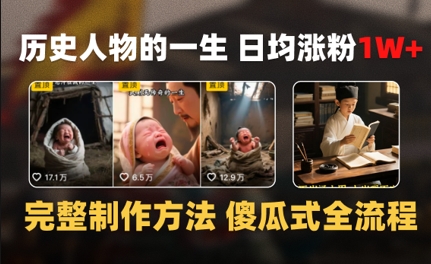 历史人物的一生 日均涨粉1W+，完整制作方法 傻瓜式全流程-小何资源库