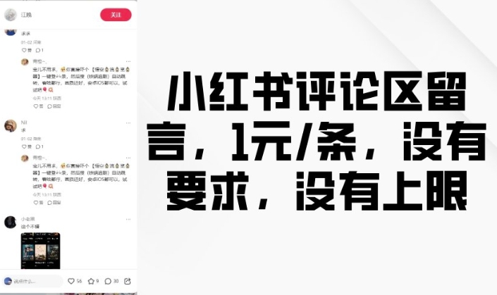 小红书评论区留言，1元条，没有要求，没有上限-小何资源库