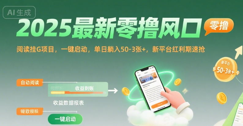 2025最新零撸风口，阅读挂G项目，一键启动，单日躺入 50-3张+，新平台红利期速抢【揭秘】-小何资源库