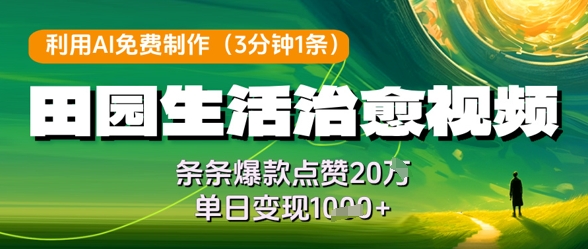 利用AI免费制作田园生活治愈视频，条条爆款点赞20W，单日变现几张-小何资源库
