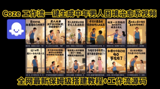 coze工作流一键生成”中年男人困境扎心高涨粉高播放量图文视频”保姆级拆解教程，无需剪辑，无需拍摄写文案-小何资源库