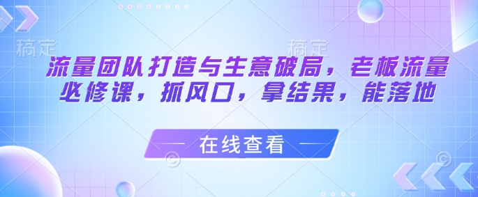 流量团队打造与生意破局，老板流量必修课，抓风口，拿结果，能落地-小何资源库