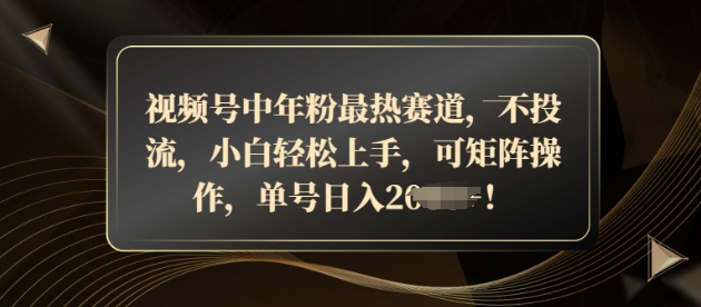 视频号中年粉最热赛道，不投流，小白轻松上手，可矩阵操作-小何资源库