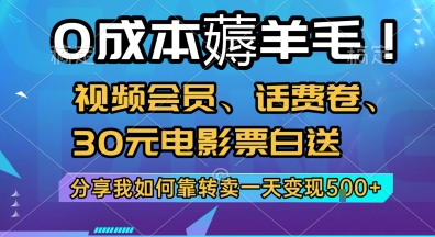 0成本薅羊毛!视频会员、话费卷、30元电影票白送，分享我如何靠转卖一天变现5张+【揭秘】-小何资源库