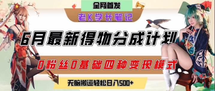 6月份最新得物创作者分成计划2.0玩法，0粉丝0基础四种模式变现，从隐蔽渠道无脑搬运，日入2张-小何资源库