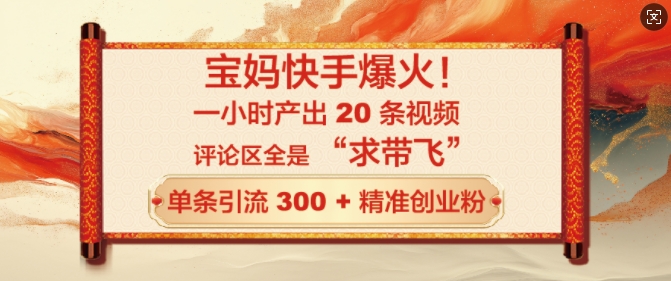 宝妈快手爆火，一小时产出 20 条视频，评论区全是 “求带飞”，单条引流 300 + 精准创业粉-小何资源库
