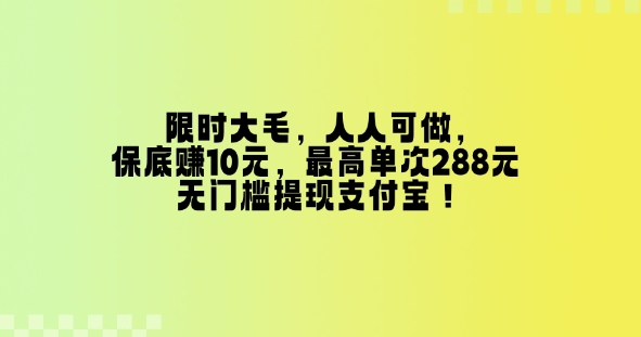限时大毛，人人可做，保底挣10元，最高单次288元，无门槛提现支付宝！-小何资源库