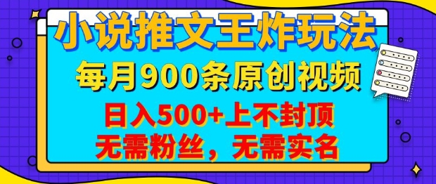 小说推文王炸玩法，一键代发，每月最多领900条原创视频，播放量收益日入5张，无需粉丝，无需实名【揭秘】-小何资源库