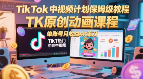 TikTok中视频计划保姆级教程，TK原创动画课程，单账号月收益4k美刀-小何资源库