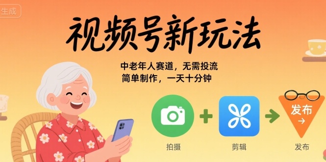 视频号新玩法，中老年人赛道，无需投流，简单制作，一天十分钟，月入1W-小何资源库