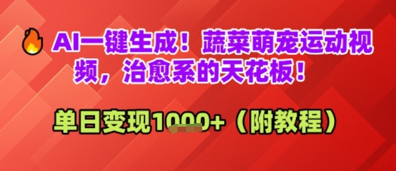 AI一键生成！蔬菜萌宠运动视频，治愈系的天花板！单日变现多张-小何资源库