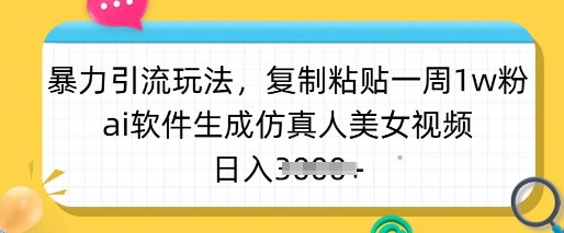 暴力引流玩法，复制粘贴一周1w粉，ai软件生成仿真人美女视频，日入多张-小何资源库