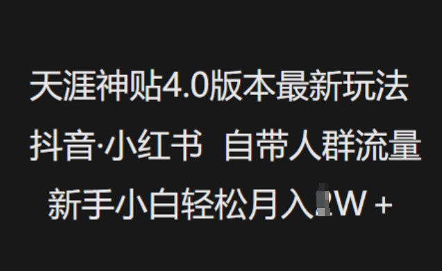 天涯神贴4.0版本最新玩法，抖音·小红书自带人群流量，新手小白轻松月入过W-小何资源库