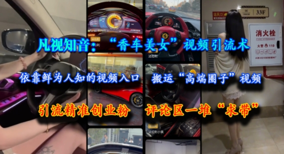 凡视知音：“香车美女”视频引流术，依靠鲜为人知的视频入口，搬运“高端圈子”视频，引流精准创业粉，评论区一堆“求带”-小何资源库